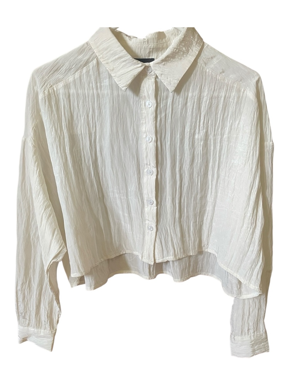 Lumiere Cropped Ivory Winkle-Textured Button-Front Women's Long-sleeve Shirt S